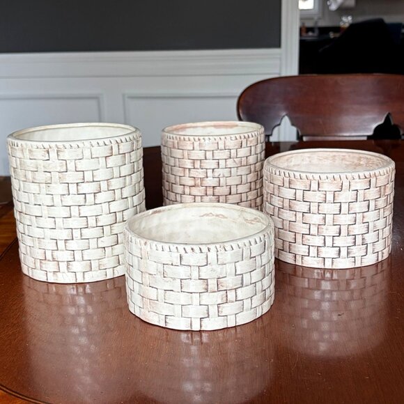 Other - Vintage Set of 4 Faux Basket Weave Ceramic Planters Cachepots Farmhouse Rustic
